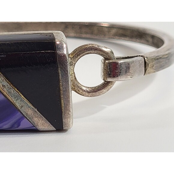 Sterling Silver .925 Plata ERR Purple Agate Black‎ Onyx Bangle Bracelet Gemstone - Picture 4 of 9